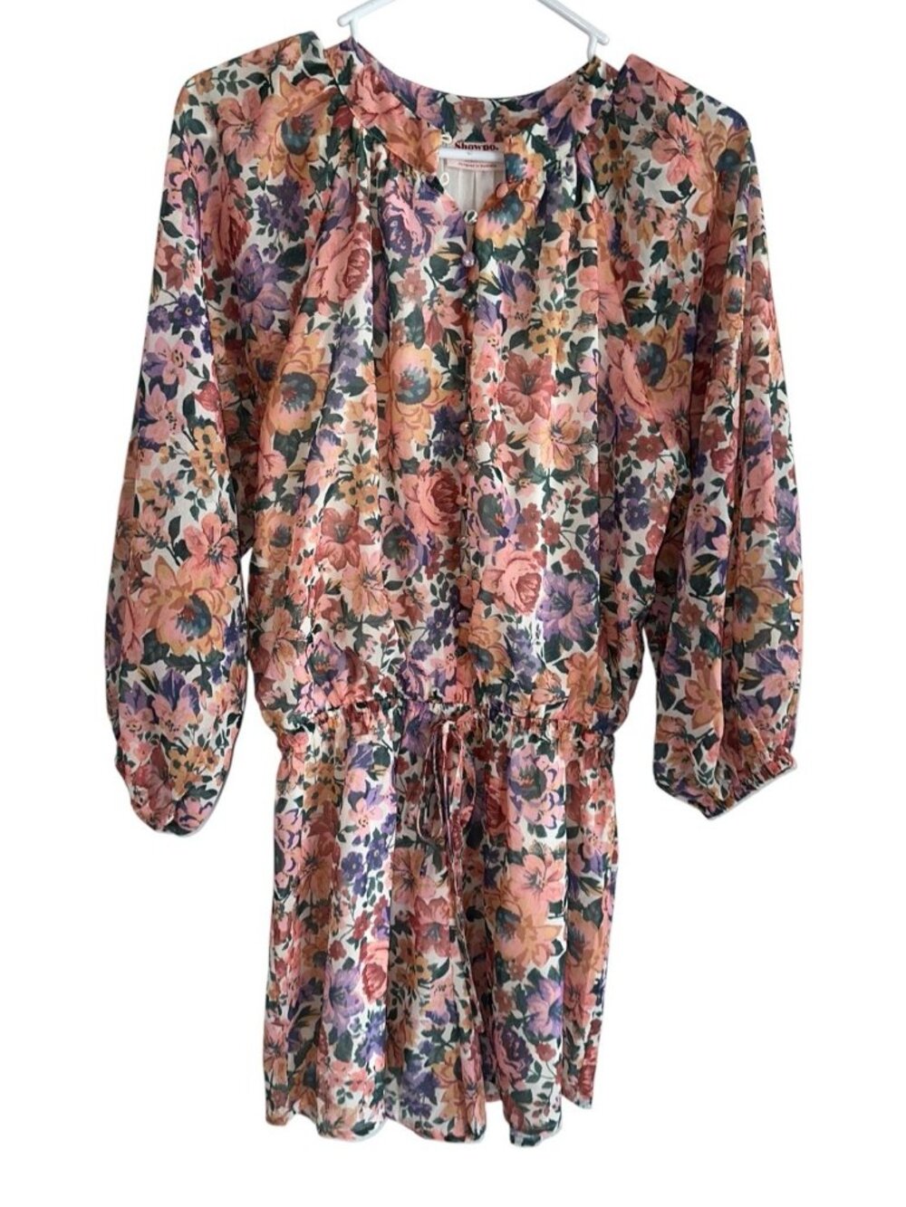 Showpo Womens Long Balloon Sleeve Floral Romper Sz 4 Peach Orange Floral Cottage